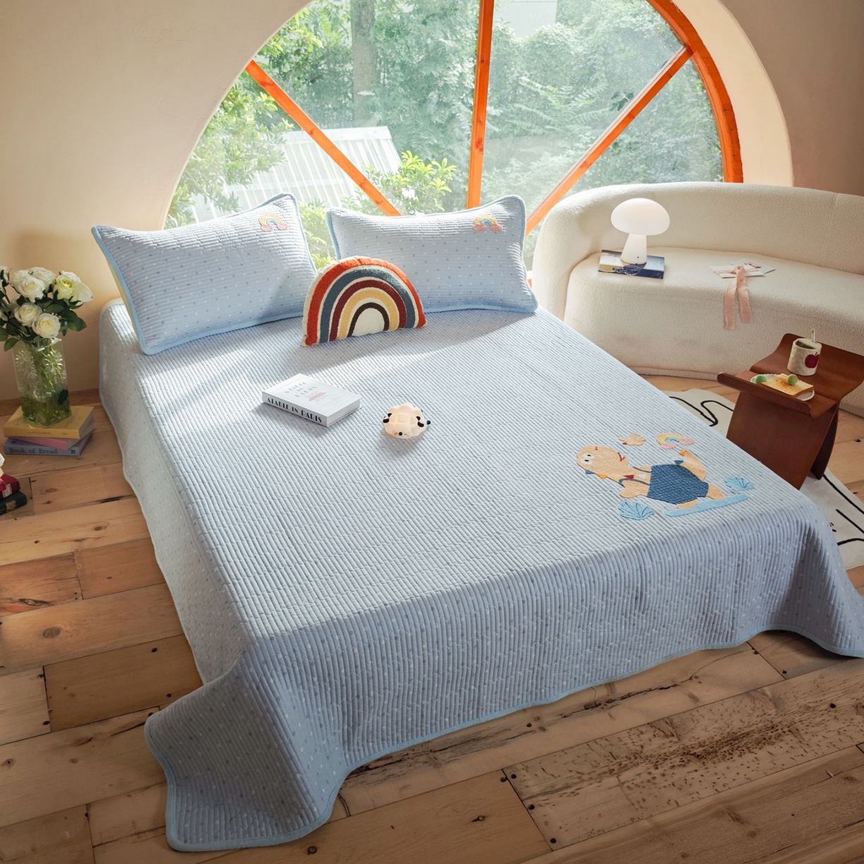 91家纺网 家纺一手货源 找家纺 鑫喜莱家纺 2025新款A版纯棉B版牛奶绒床盖毛巾绣系列单件床褥垫软床垫床盖 恐龙呆呆