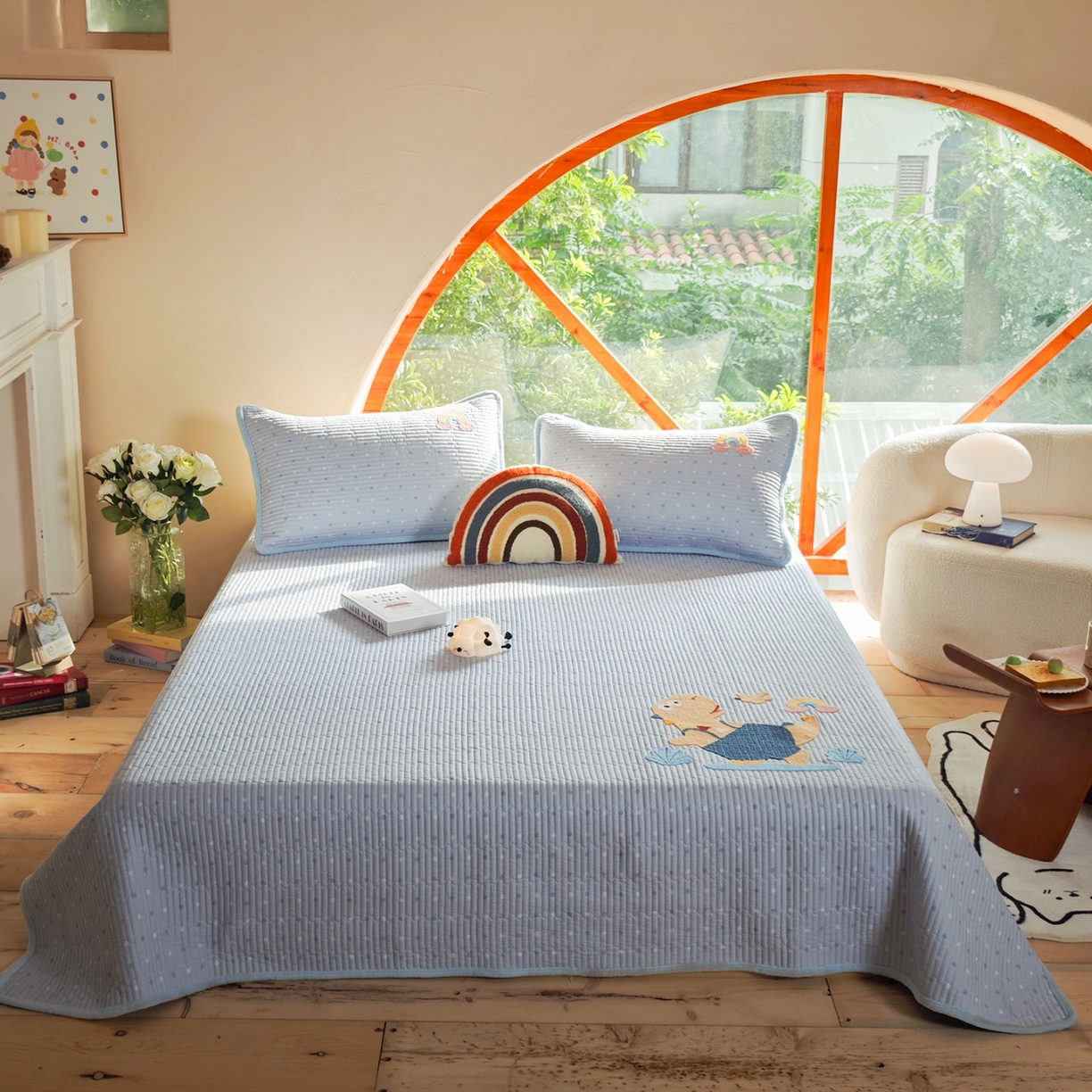 91家纺网 家纺一手货源 找家纺 鑫喜莱家纺 2025新款A版纯棉B版牛奶绒床盖毛巾绣系列单件床褥垫软床垫床盖 恐龙呆呆