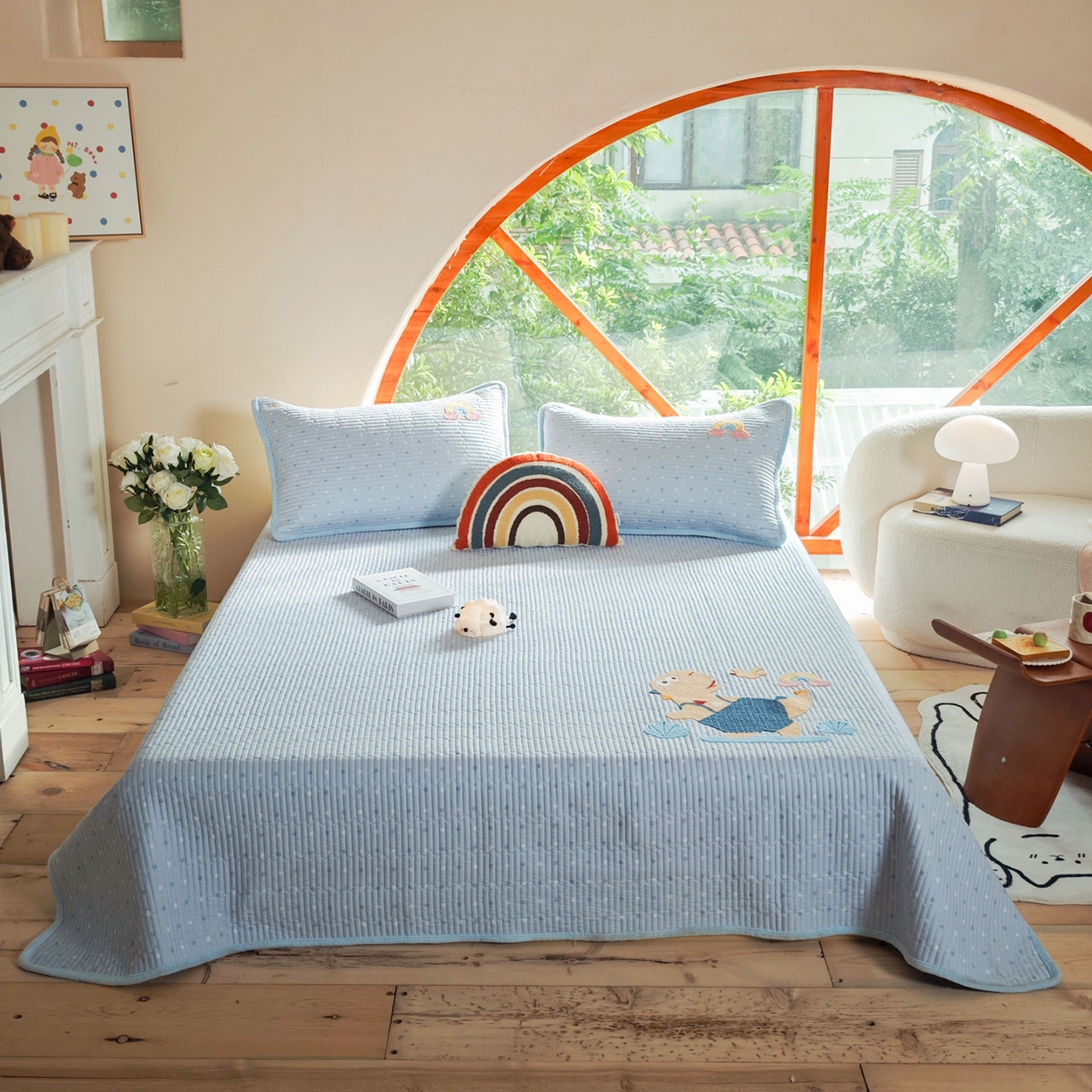 91家纺网 家纺一手货源 找家纺 鑫喜莱家纺 2025新款A版纯棉B版牛奶绒床盖毛巾绣系列单件床褥垫软床垫床盖 恐龙呆呆