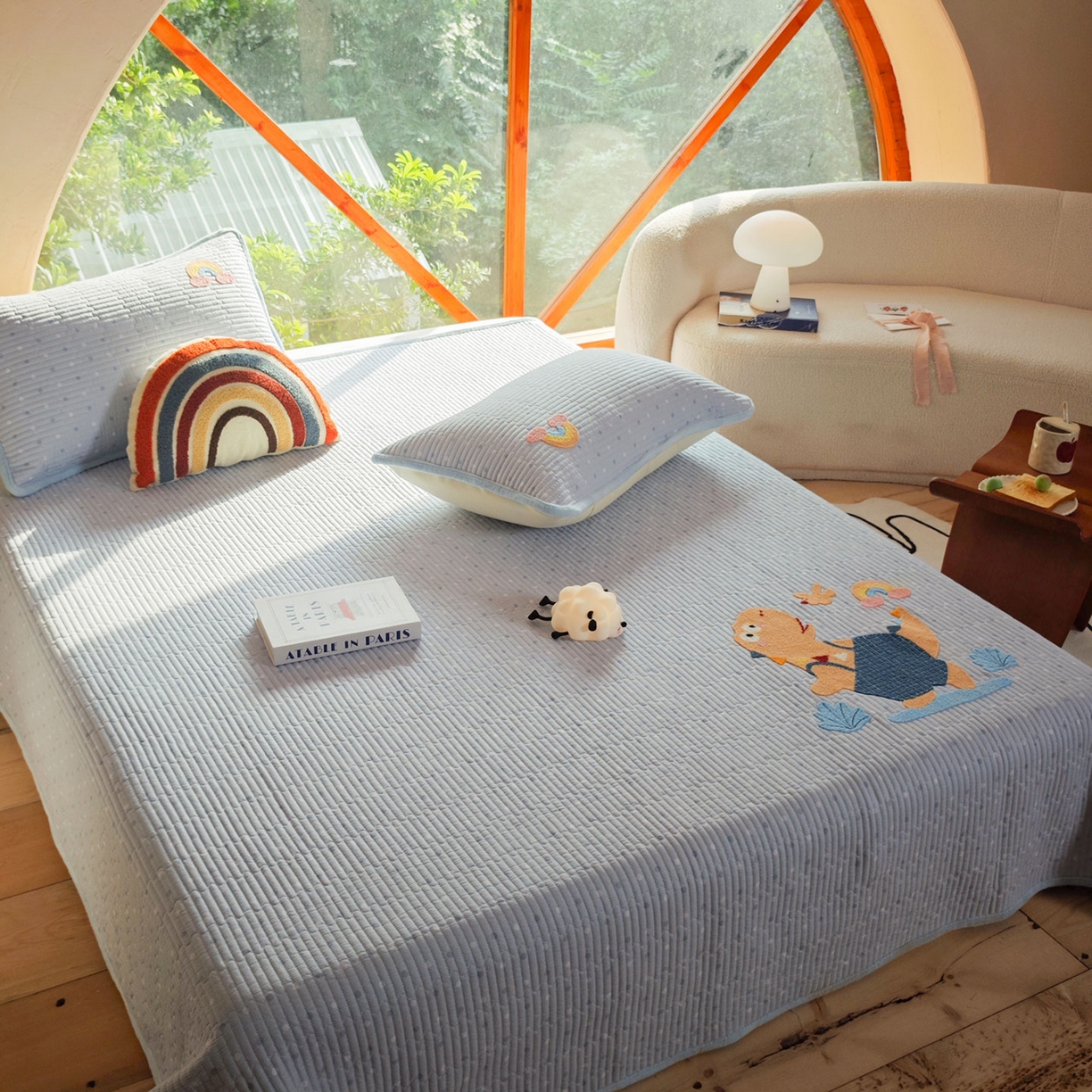 91家纺网 家纺一手货源 找家纺 鑫喜莱家纺 2025新款A版纯棉B版牛奶绒床盖毛巾绣系列单件床褥垫软床垫床盖 恐龙呆呆