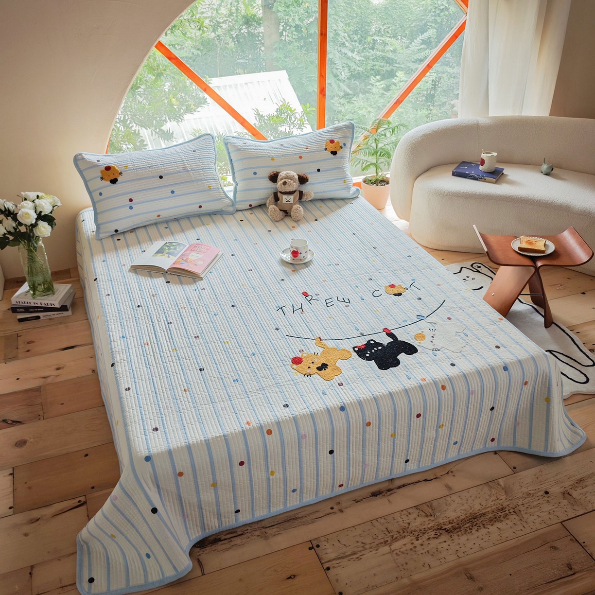 91家纺网 家纺一手货源 找家纺 鑫喜莱家纺 2025新款A版纯棉B版牛奶绒床盖毛巾绣系列单件床褥垫软床垫床盖 小猫伙伴