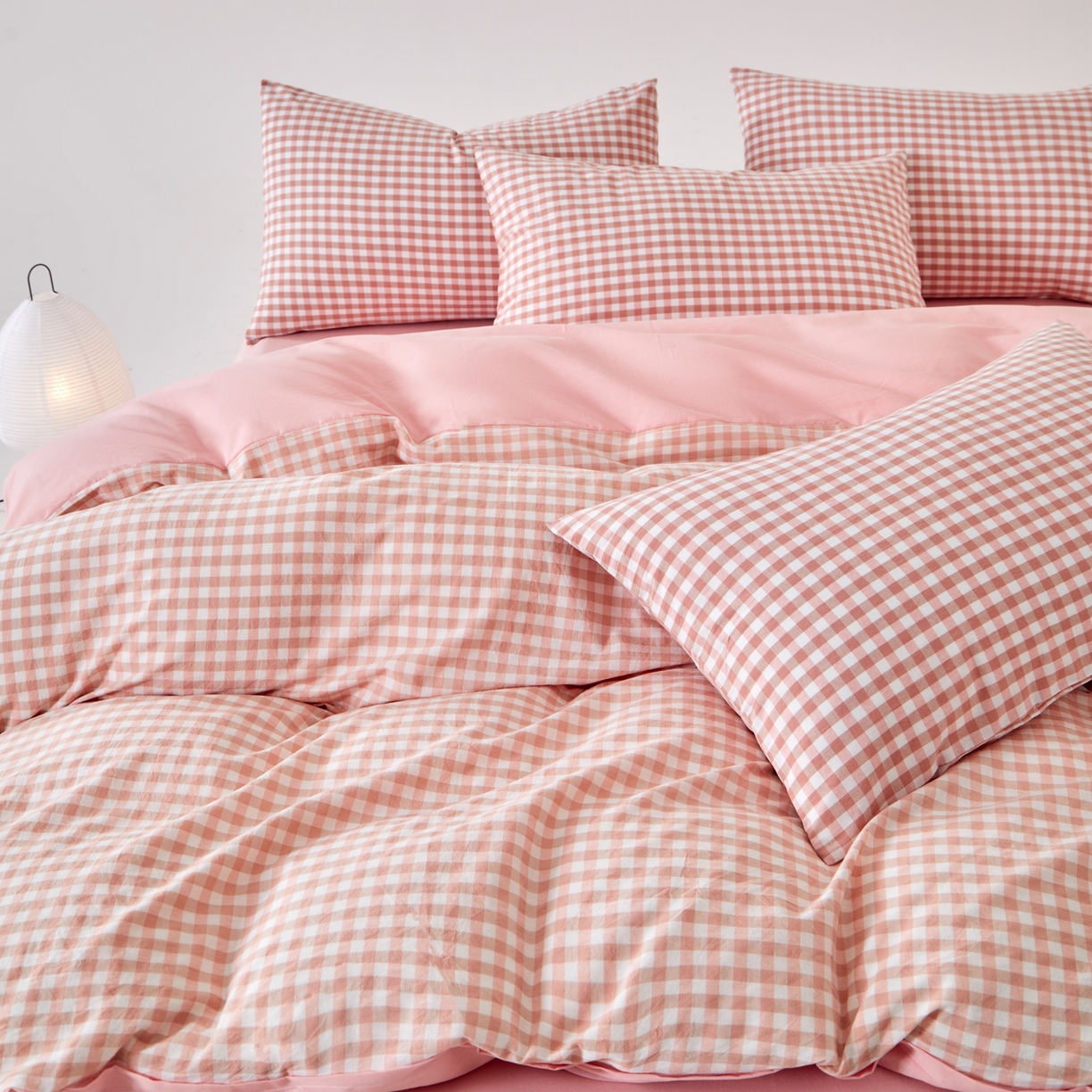 91家纺网 家纺一手货源 找家纺 九沐良品 2025新款全棉色织水洗棉无印风四件套 粉小格