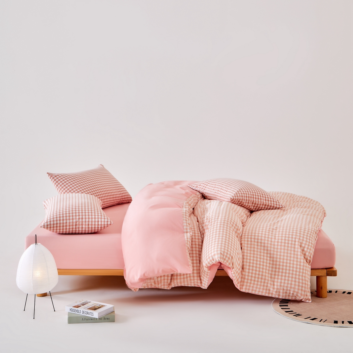 91家纺网 家纺一手货源 找家纺 九沐良品 2025新款全棉色织水洗棉无印风四件套 粉小格