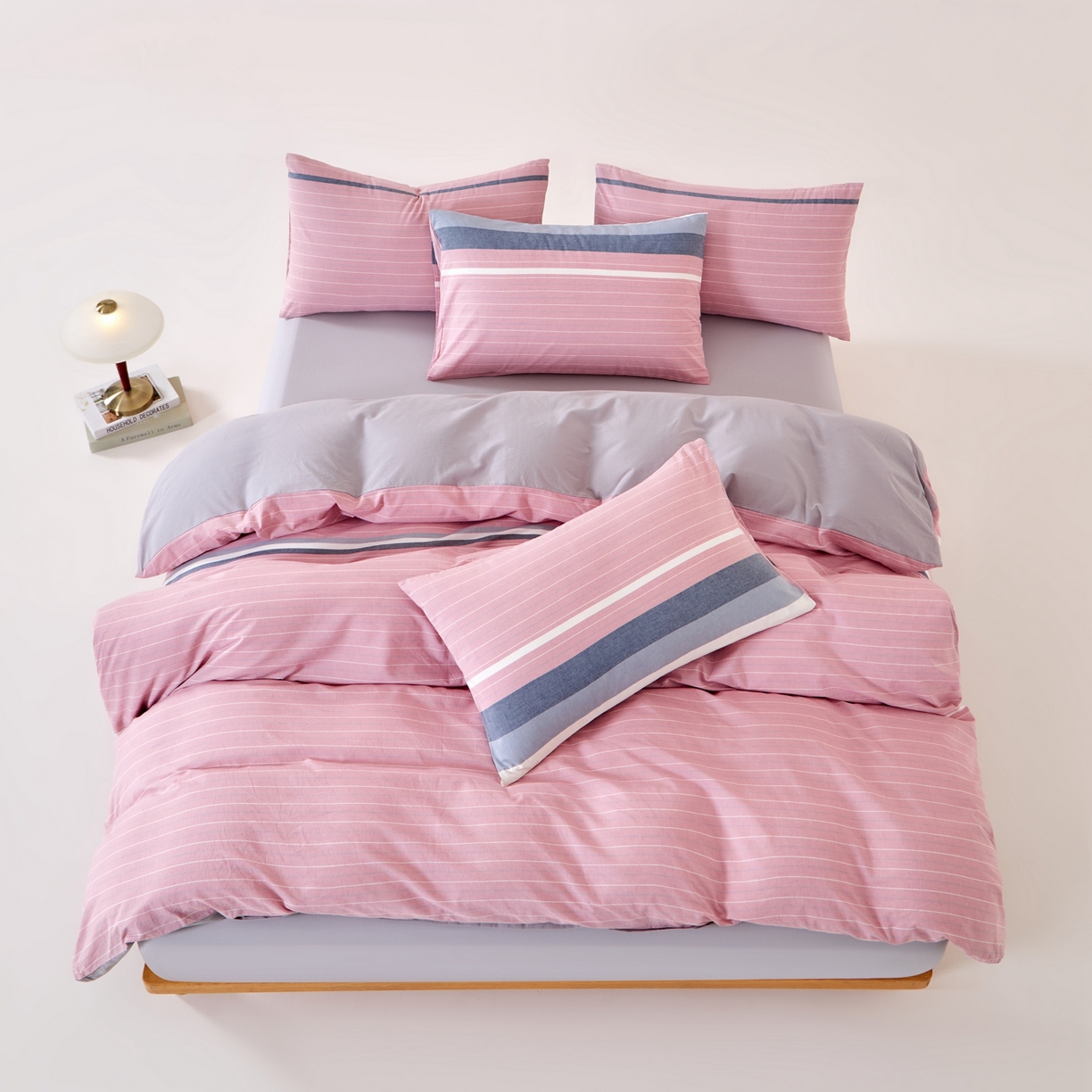 91家纺网 家纺一手货源 找家纺 九沐良品 2025新款全棉色织水洗棉无印风四件套 格林粉