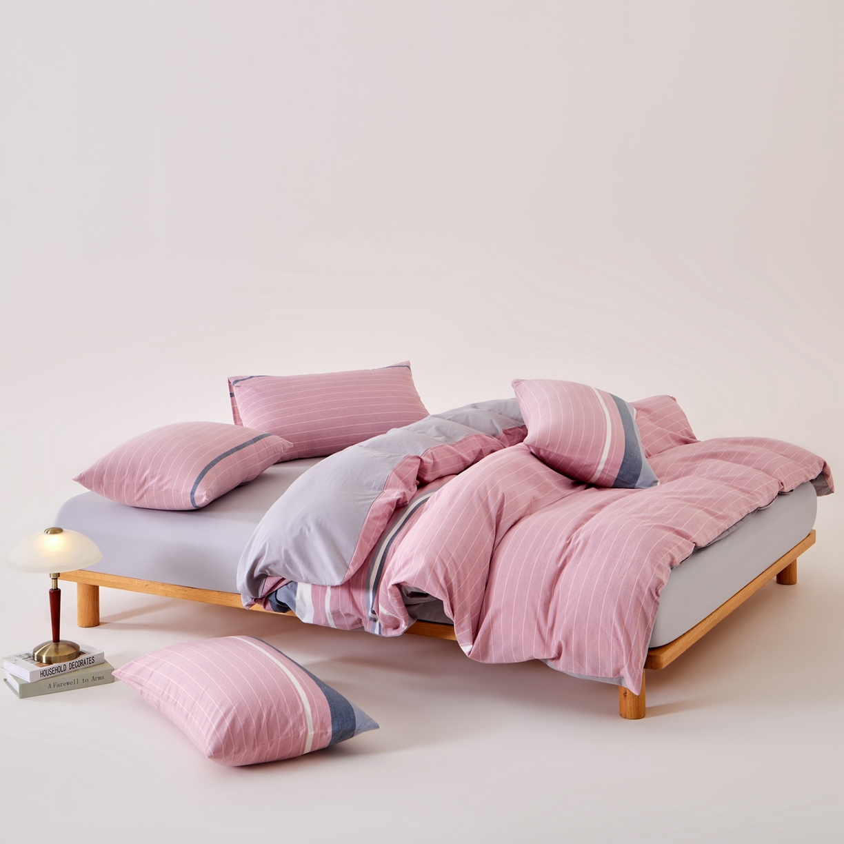 91家纺网 家纺一手货源 找家纺 九沐良品 2025新款全棉色织水洗棉无印风四件套 格林粉