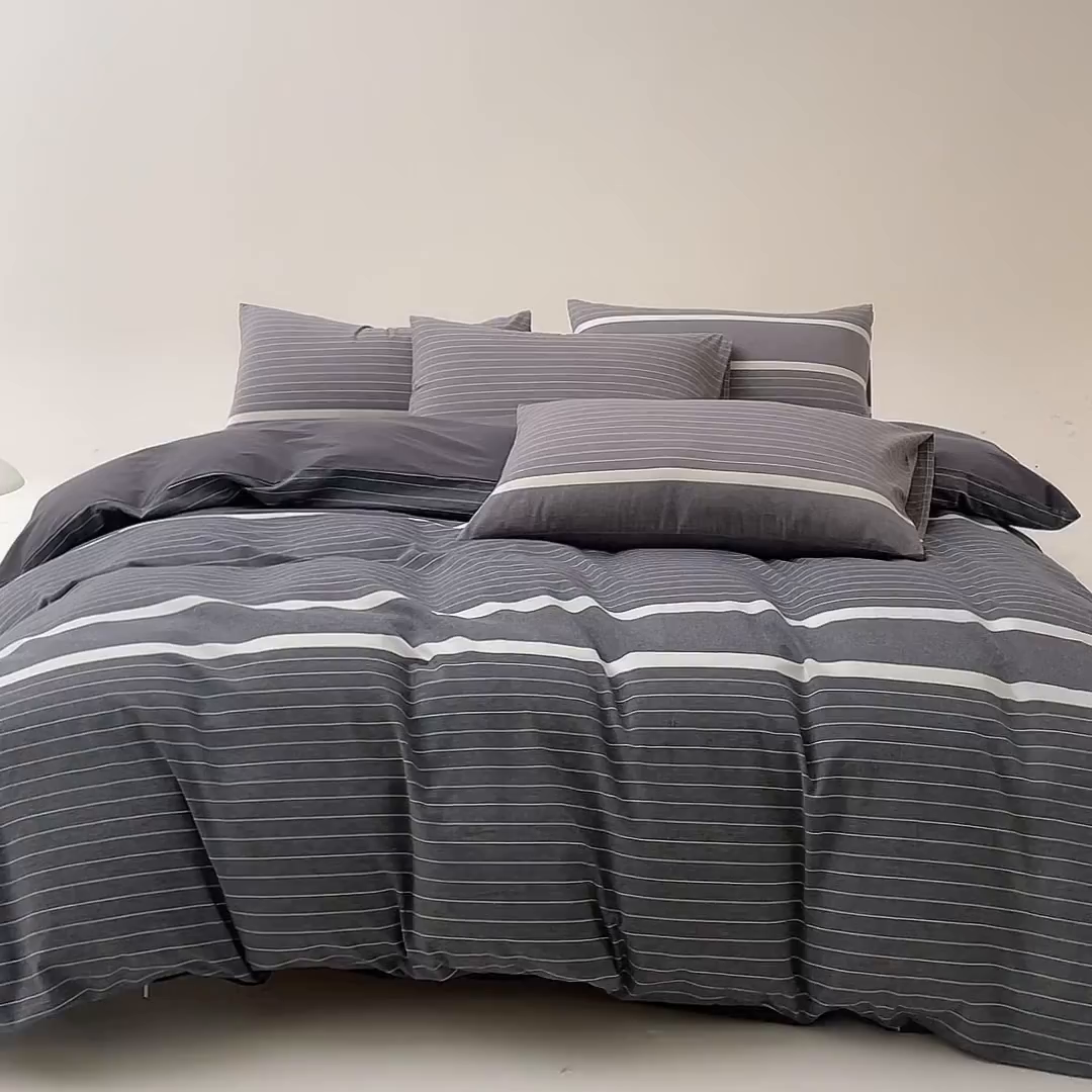 91家纺网 家纺一手货源 找家纺 九沐良品 2025新款全棉色织水洗棉无印风四件套 灰条