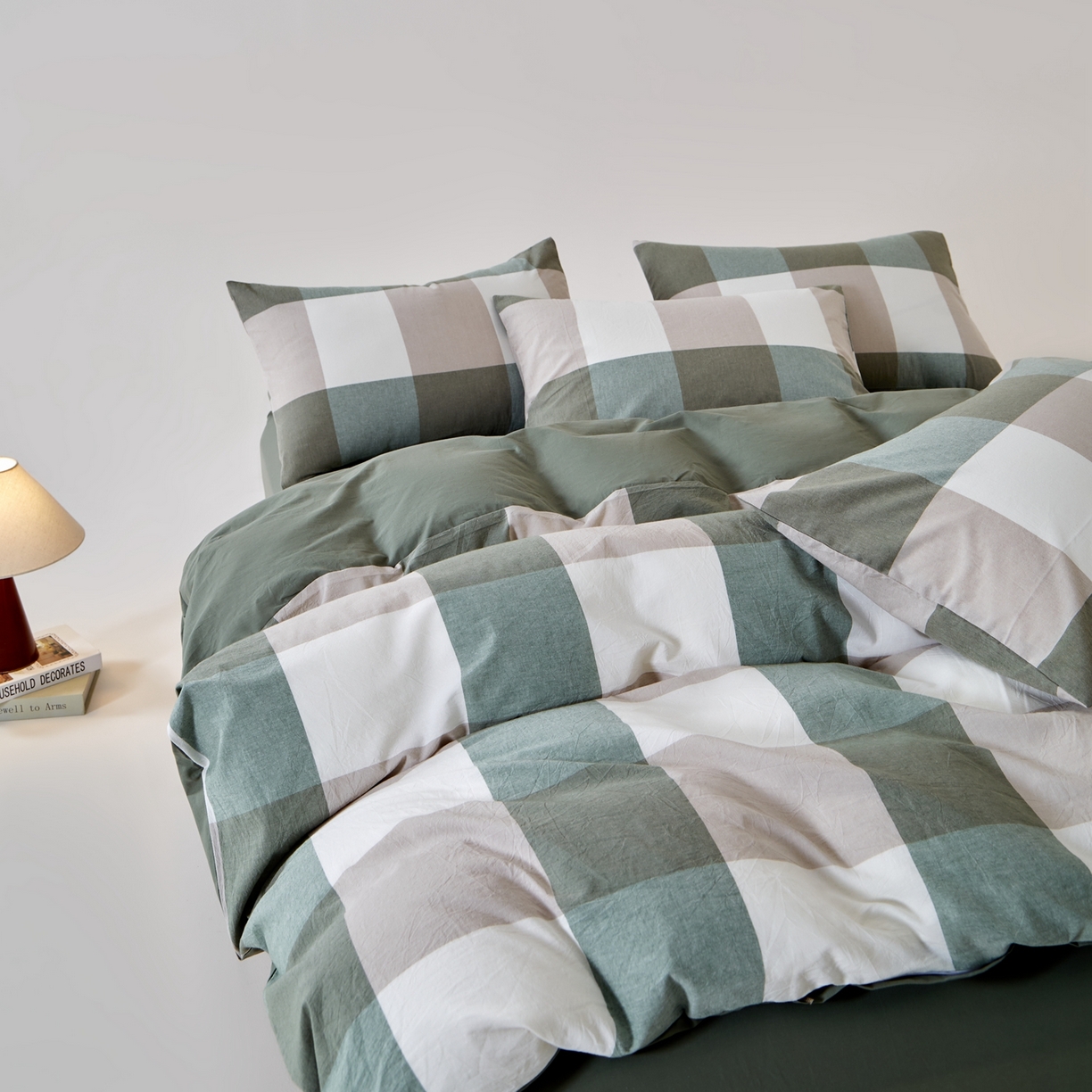 91家纺网 家纺一手货源 找家纺 九沐良品 2025新款全棉色织水洗棉无印风四件套 绿大格