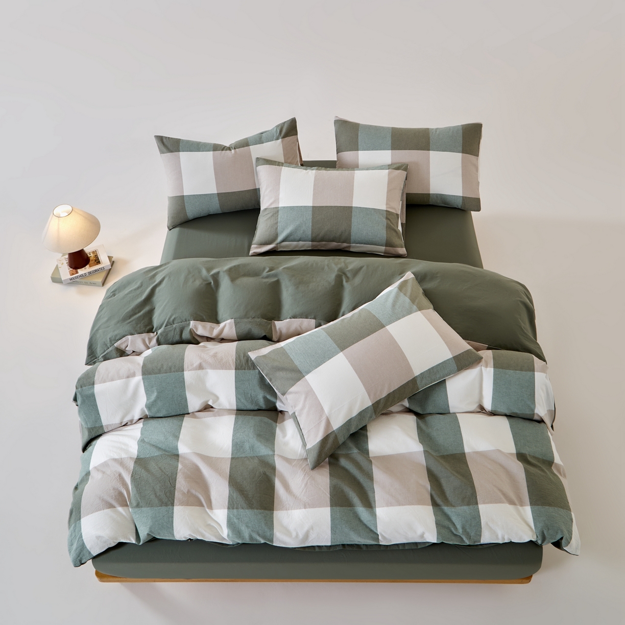 91家纺网 家纺一手货源 找家纺 九沐良品 2025新款全棉色织水洗棉无印风四件套 绿大格