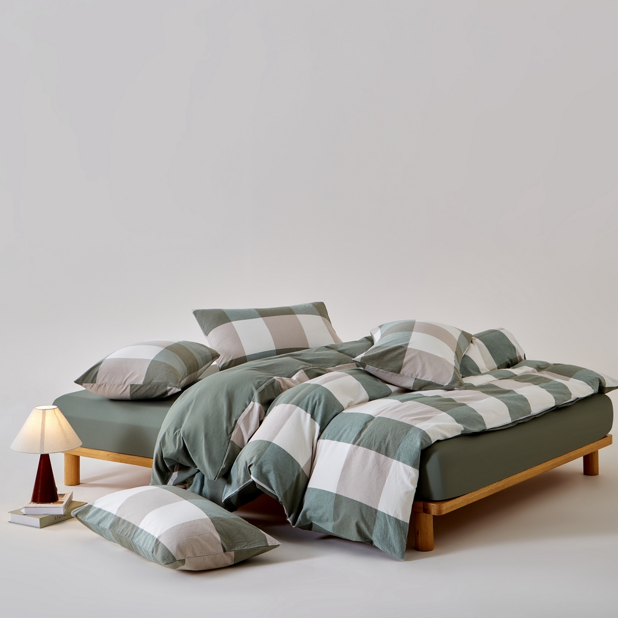 91家纺网 家纺一手货源 找家纺 九沐良品 2025新款全棉色织水洗棉无印风四件套 绿大格