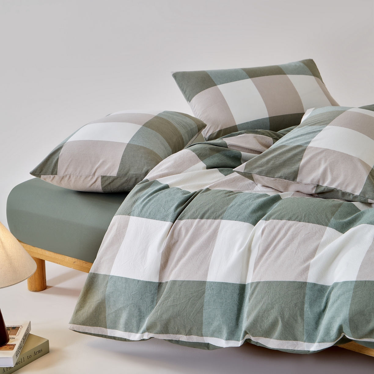 91家纺网 家纺一手货源 找家纺 九沐良品 2025新款全棉色织水洗棉无印风四件套 绿大格