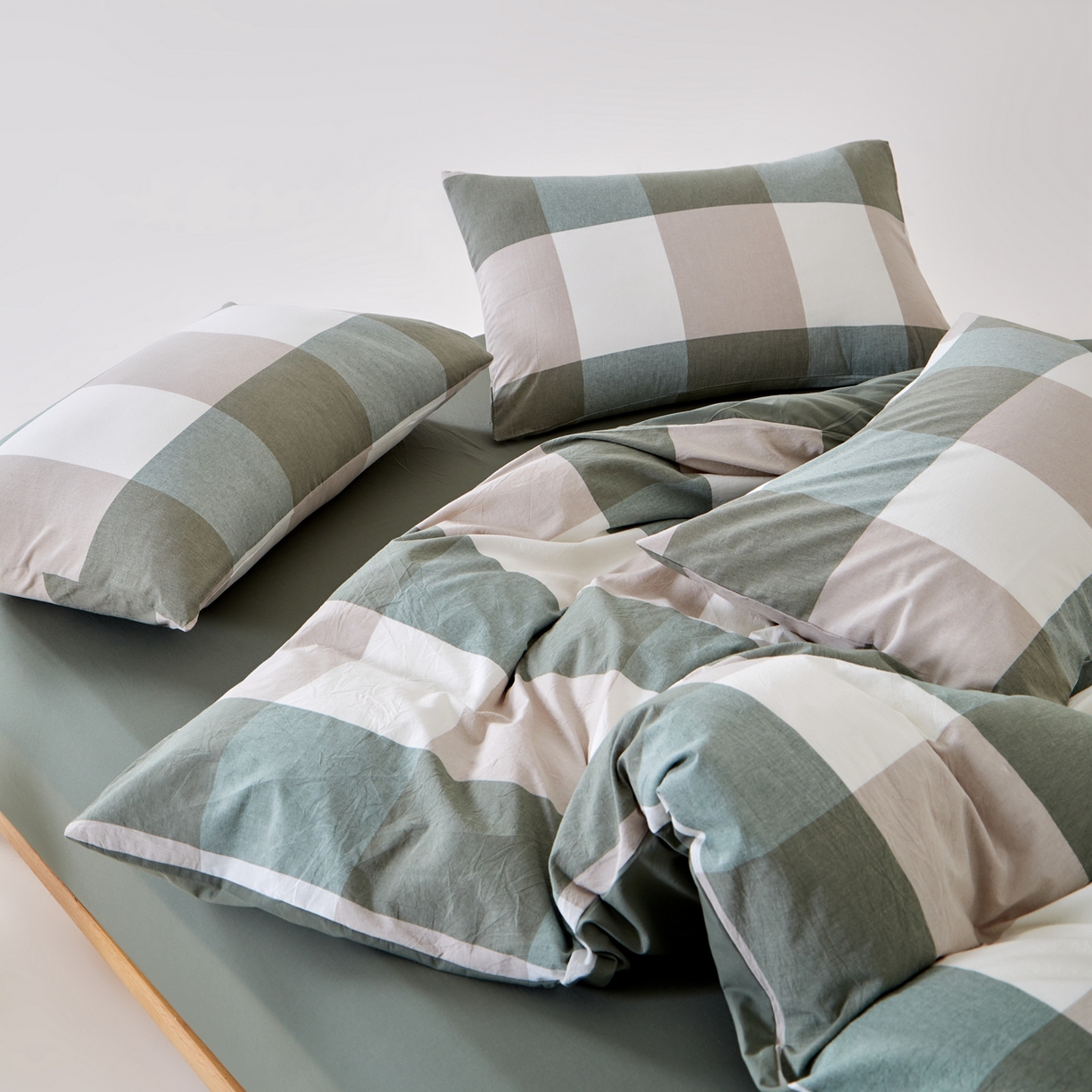 91家纺网 家纺一手货源 找家纺 九沐良品 2025新款全棉色织水洗棉无印风四件套 绿大格