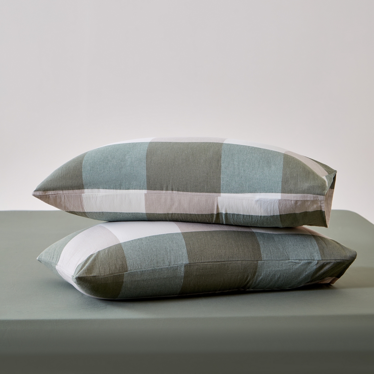 91家纺网 家纺一手货源 找家纺 九沐良品 2025新款全棉色织水洗棉无印风四件套 绿大格