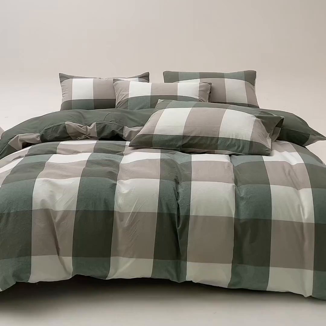 91家纺网 家纺一手货源 找家纺 九沐良品 2025新款全棉色织水洗棉无印风四件套 绿大格