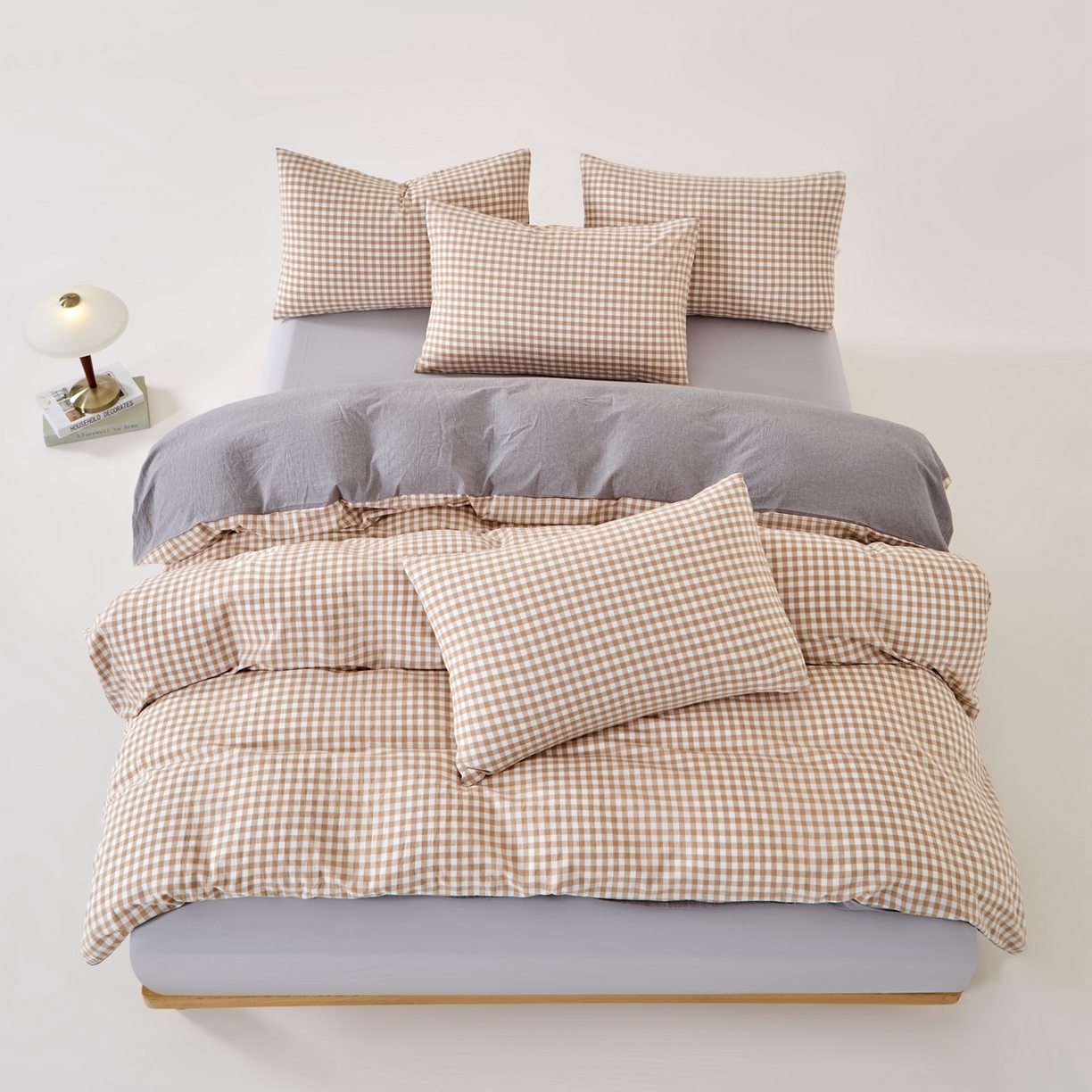 91家纺网 家纺一手货源 找家纺 九沐良品 2025新款全棉色织水洗棉无印风四件套 米小格