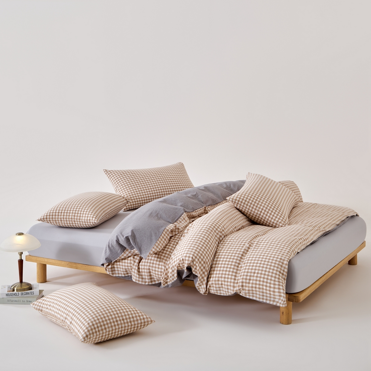 91家纺网 家纺一手货源 找家纺 九沐良品 2025新款全棉色织水洗棉无印风四件套 米小格