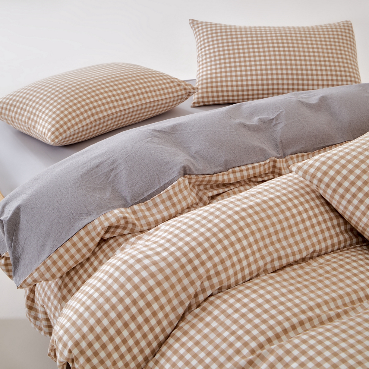 91家纺网 家纺一手货源 找家纺 九沐良品 2025新款全棉色织水洗棉无印风四件套 米小格