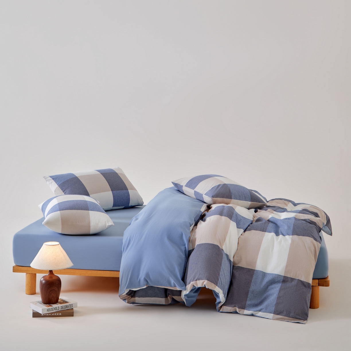 91家纺网 家纺一手货源 找家纺 九沐良品 2025新款全棉色织水洗棉无印风四件套 米粽艾青格