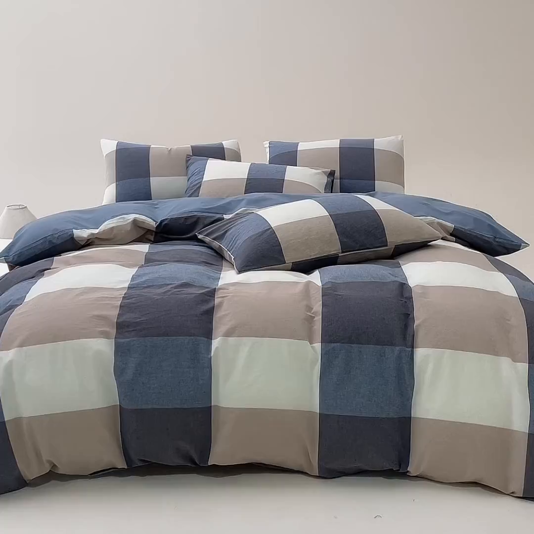 91家纺网 家纺一手货源 找家纺 九沐良品 2025新款全棉色织水洗棉无印风四件套 米粽艾青格