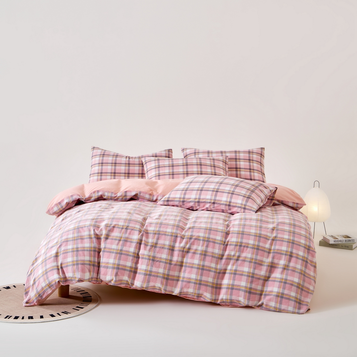 九沐良品 2025新款全棉色织水洗棉无印风四件套 莫妮卡粉