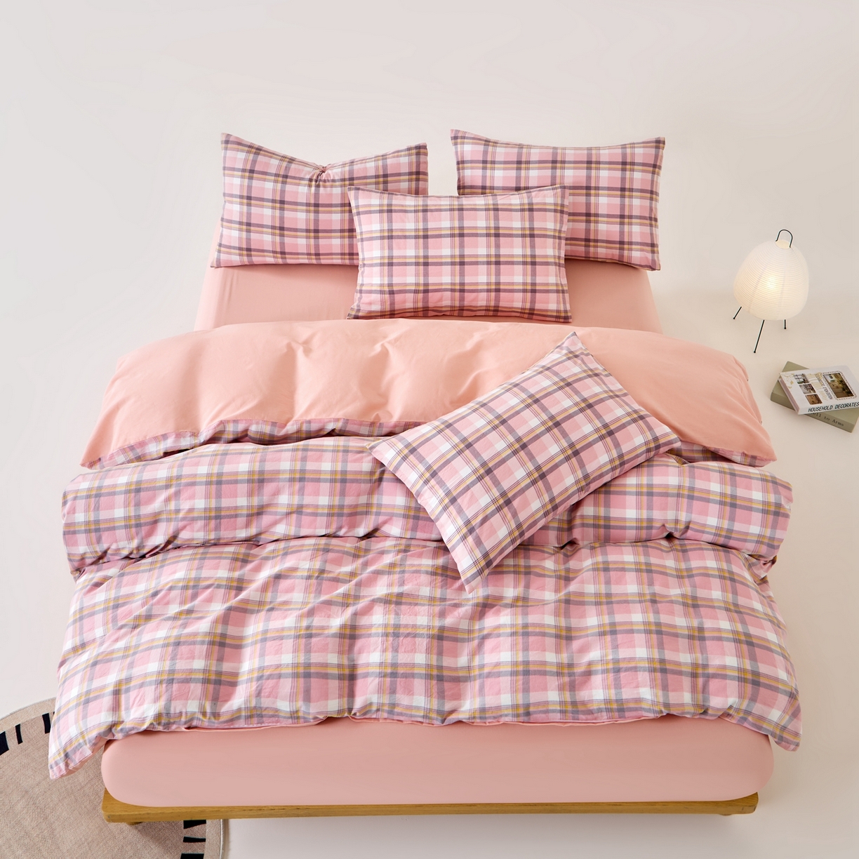 91家纺网 家纺一手货源 找家纺 九沐良品 2025新款全棉色织水洗棉无印风四件套 莫妮卡粉