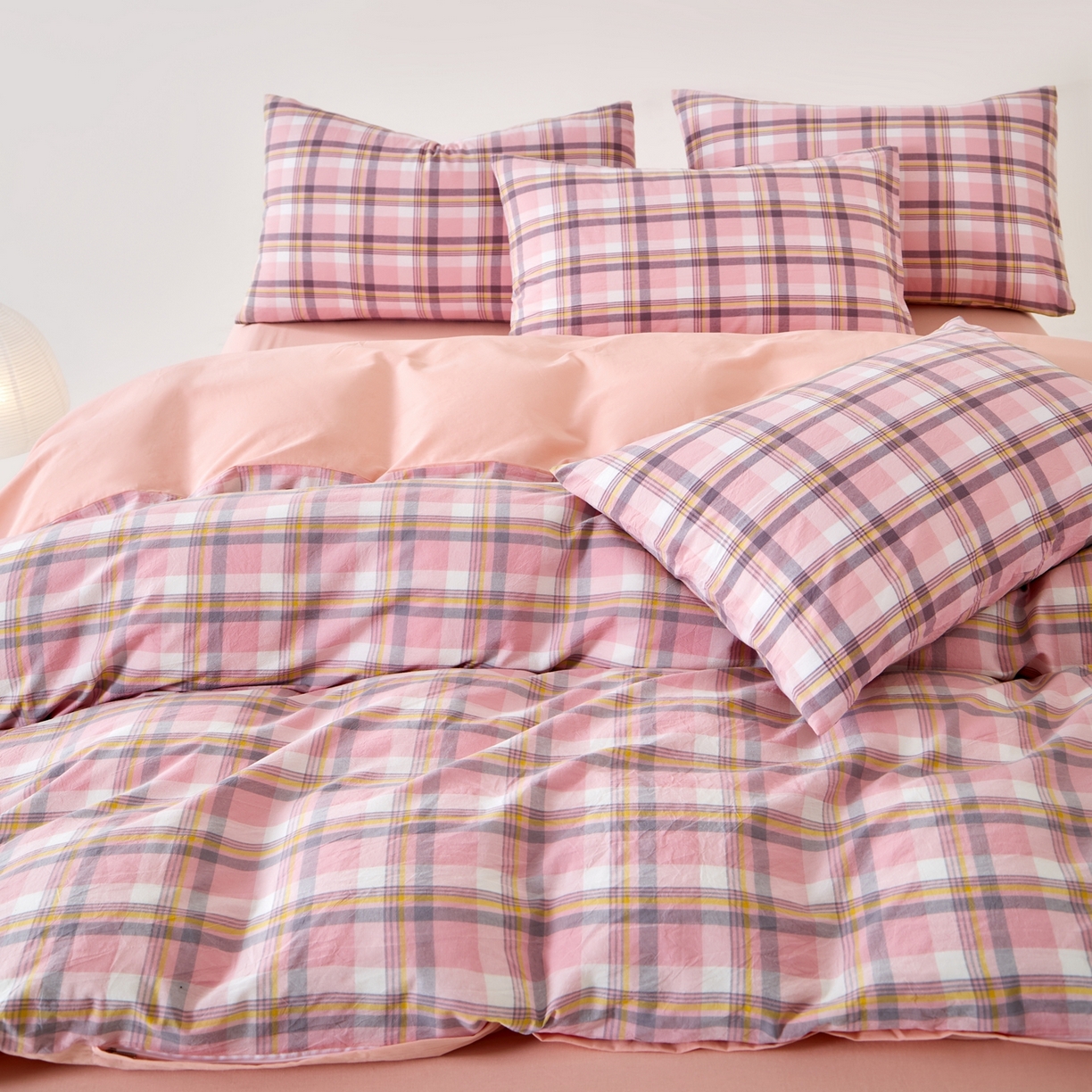 91家纺网 家纺一手货源 找家纺 九沐良品 2025新款全棉色织水洗棉无印风四件套 莫妮卡粉