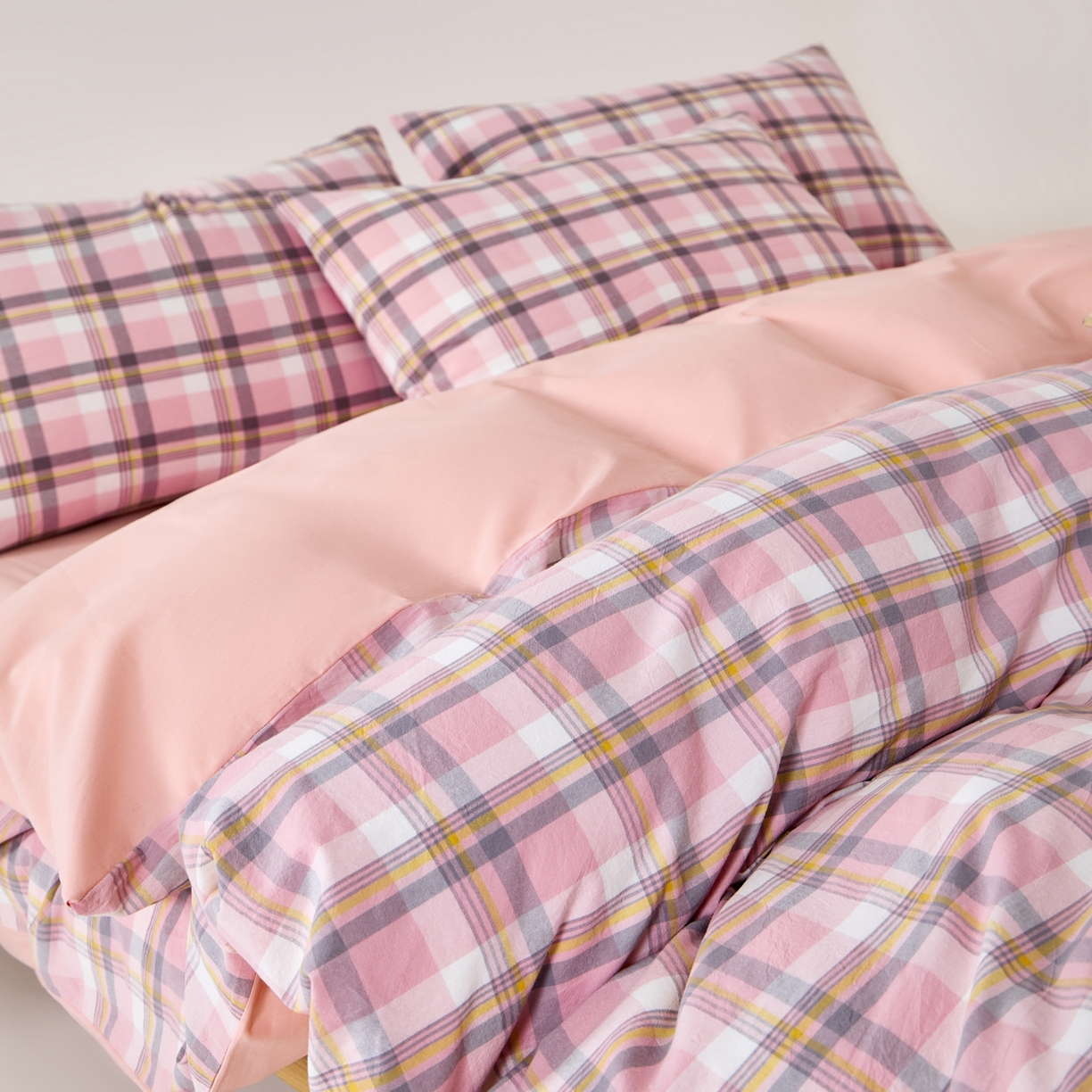 91家纺网 家纺一手货源 找家纺 九沐良品 2025新款全棉色织水洗棉无印风四件套 莫妮卡粉