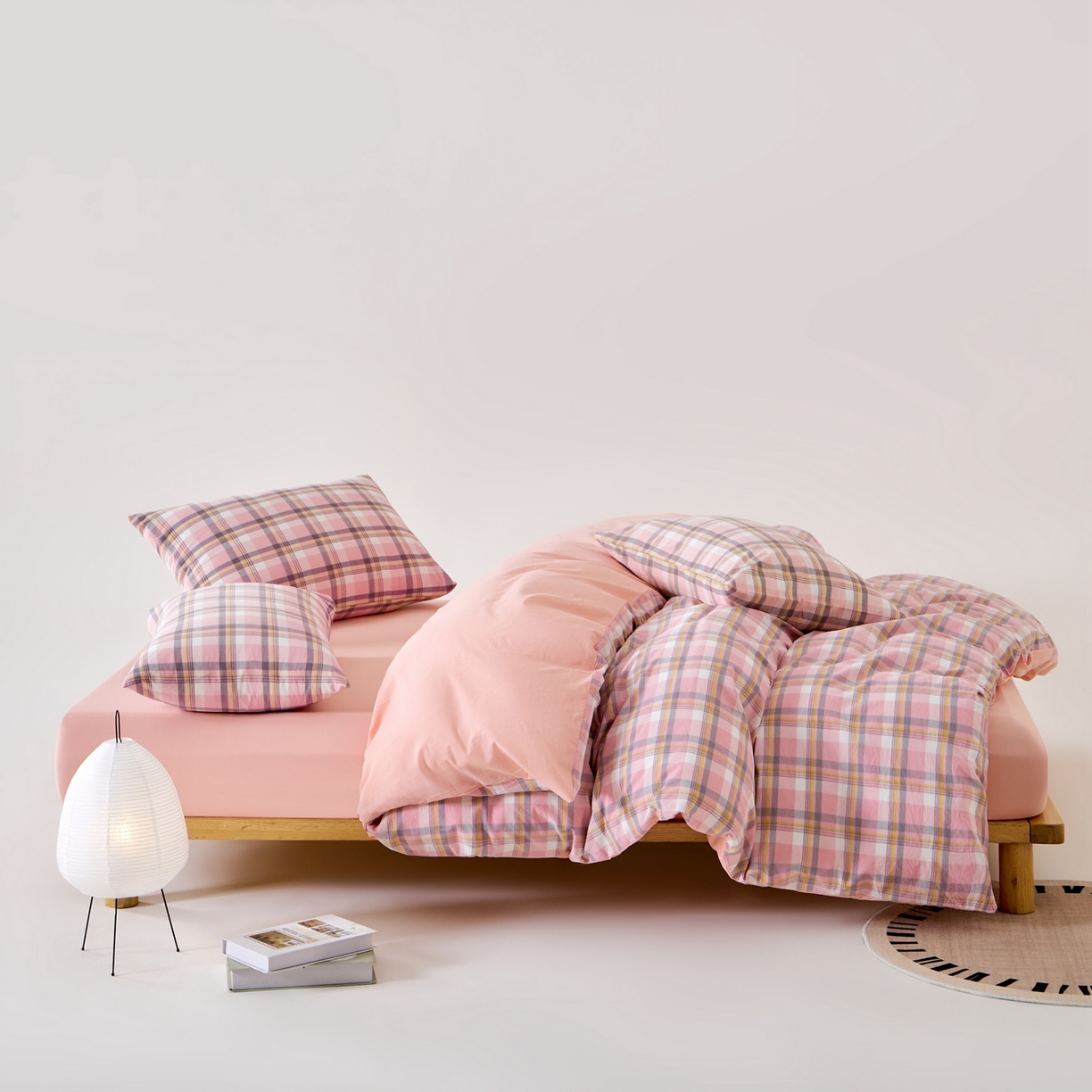 91家纺网 家纺一手货源 找家纺 九沐良品 2025新款全棉色织水洗棉无印风四件套 莫妮卡粉