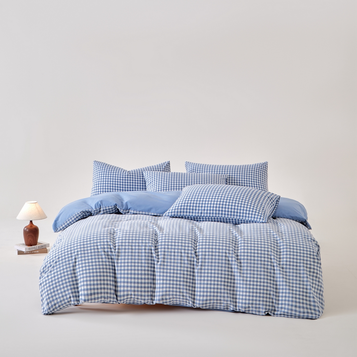 九沐良品 2025新款全棉色织水洗棉无印风四件套 浅蓝小格