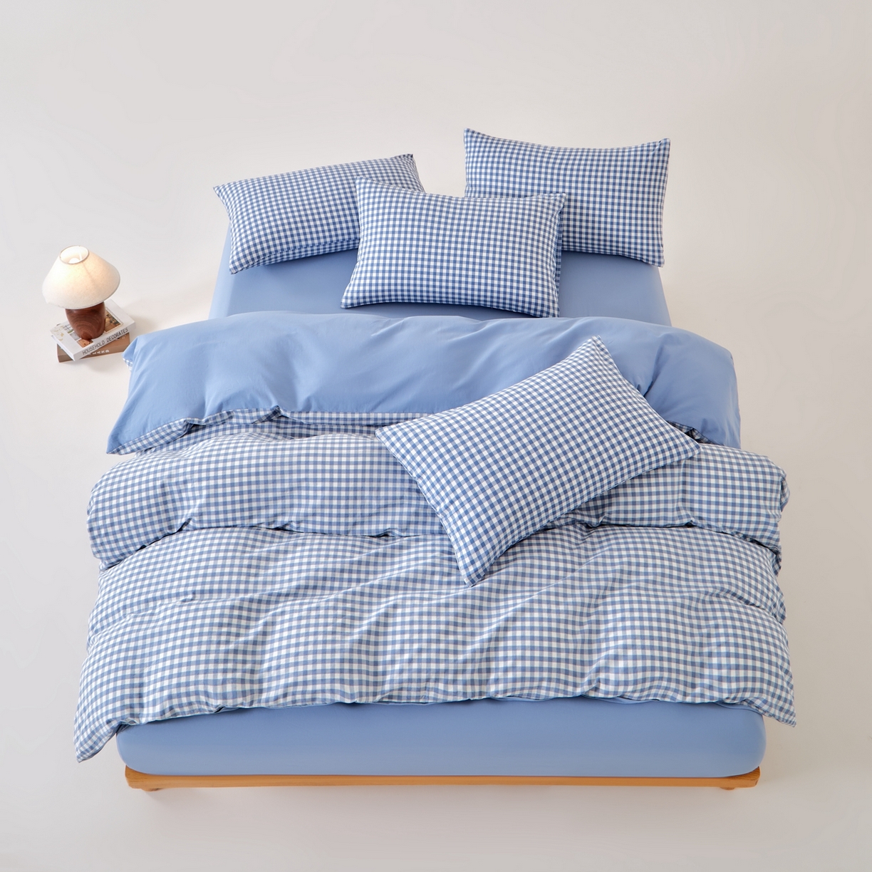 91家纺网 家纺一手货源 找家纺 九沐良品 2025新款全棉色织水洗棉无印风四件套 浅蓝小格