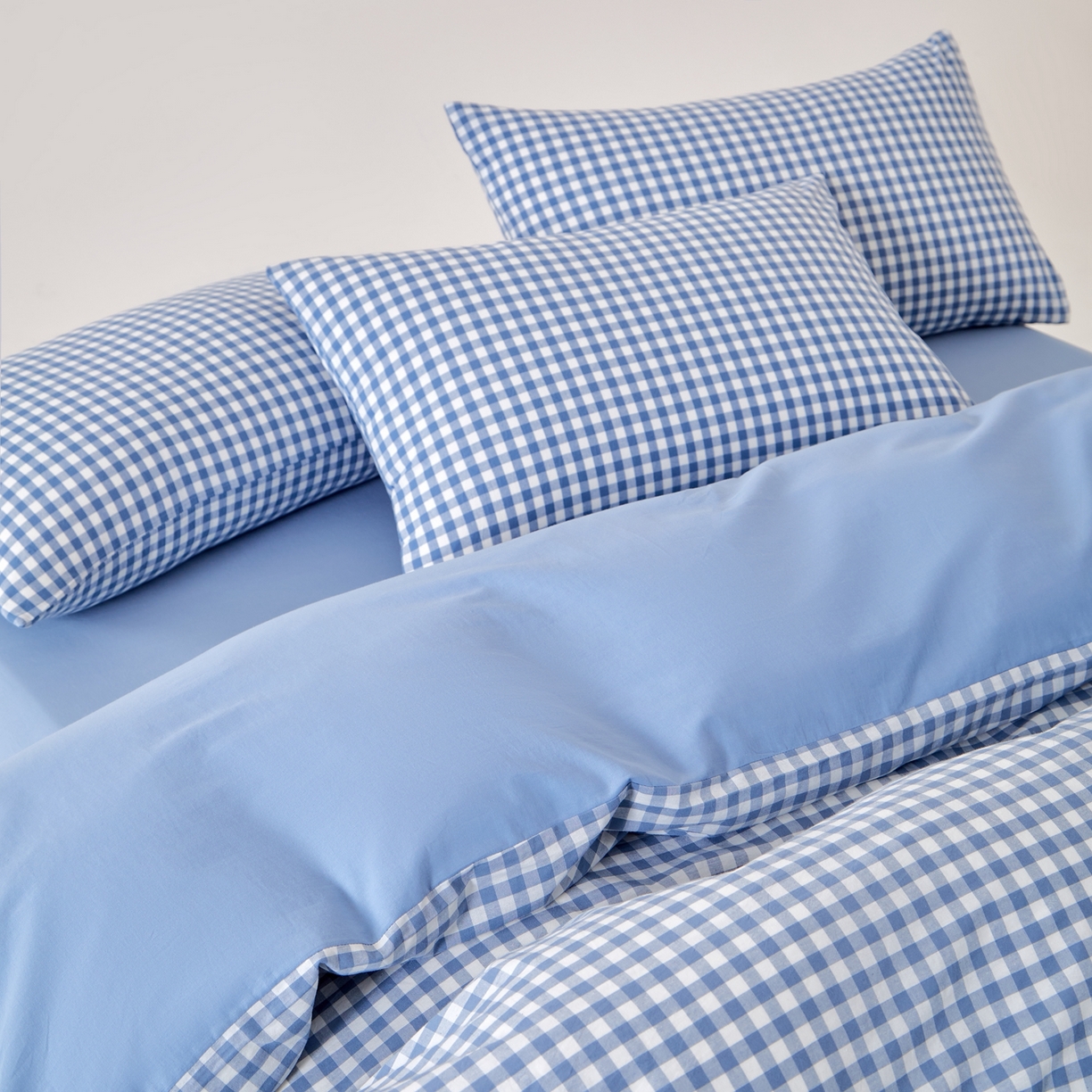 91家纺网 家纺一手货源 找家纺 九沐良品 2025新款全棉色织水洗棉无印风四件套 浅蓝小格