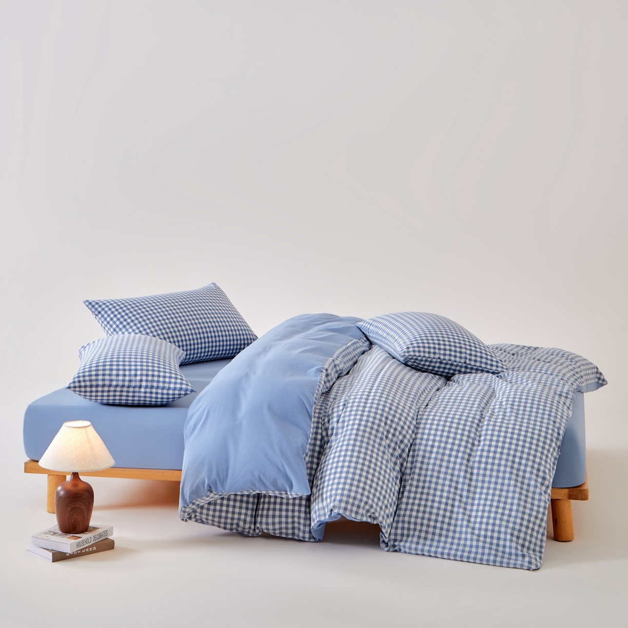 91家纺网 家纺一手货源 找家纺 九沐良品 2025新款全棉色织水洗棉无印风四件套 浅蓝小格