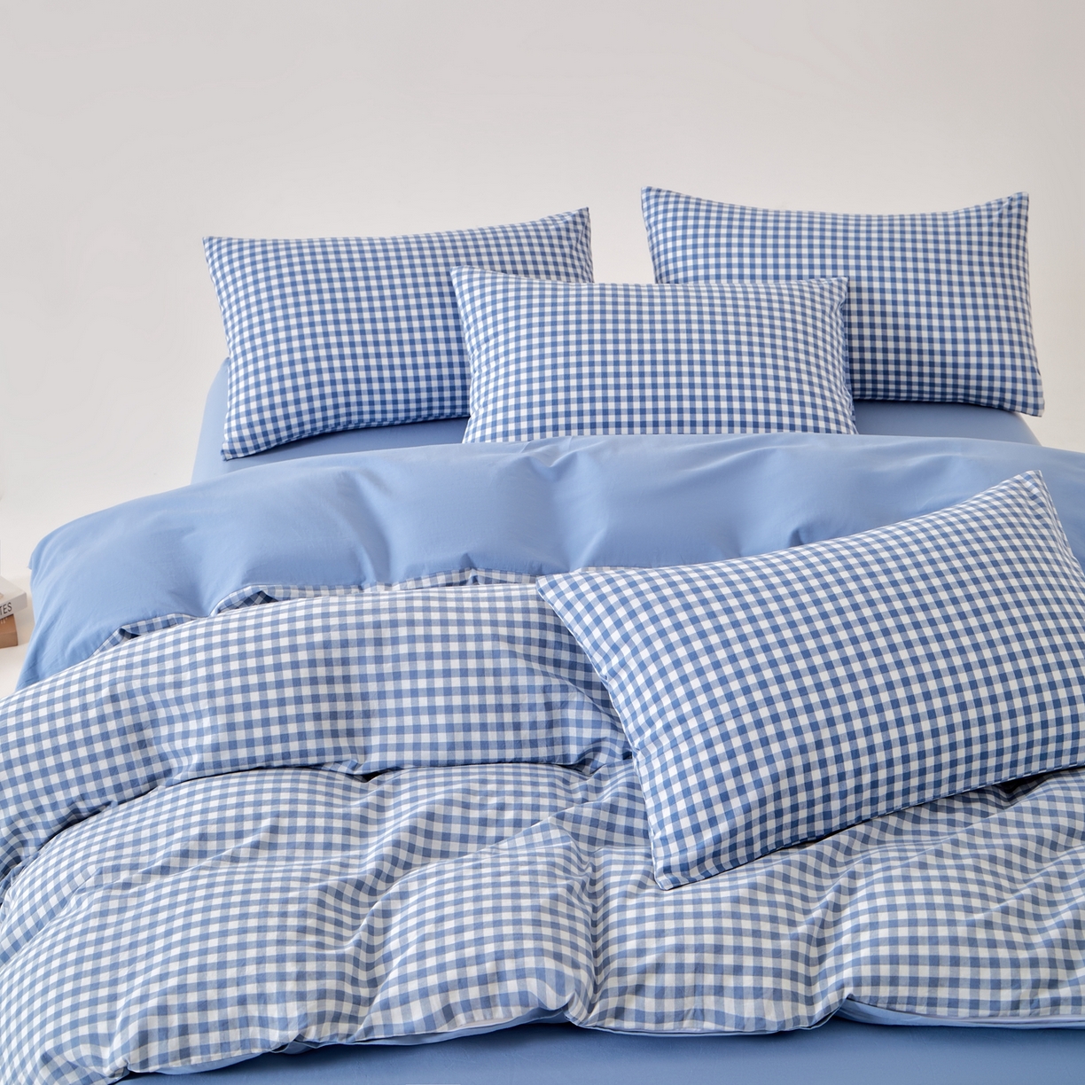 91家纺网 家纺一手货源 找家纺 九沐良品 2025新款全棉色织水洗棉无印风四件套 浅蓝小格