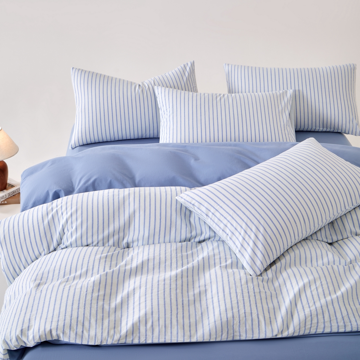 91家纺网 家纺一手货源 找家纺 九沐良品 2025新款全棉色织水洗棉无印风四件套 青春海蓝