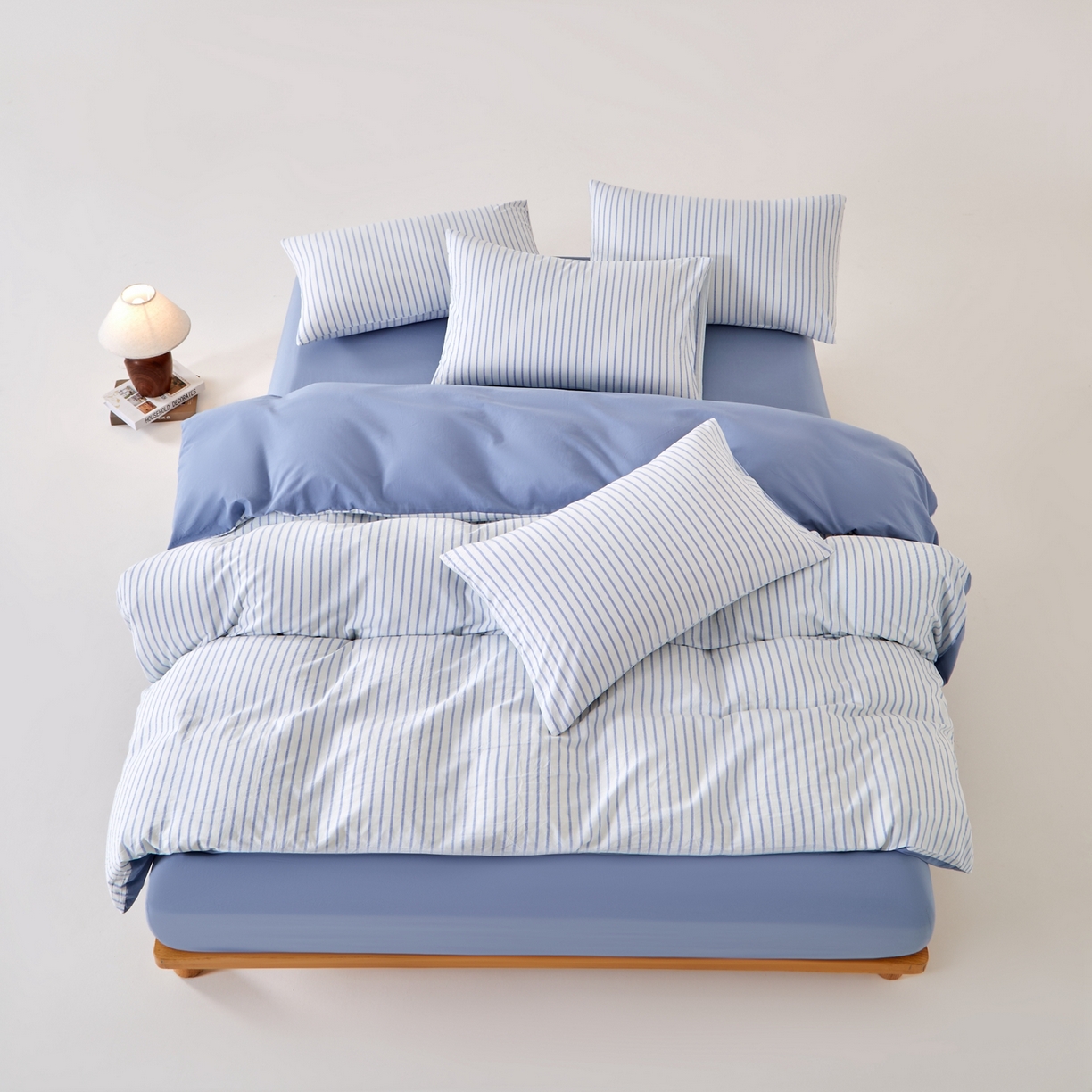 91家纺网 家纺一手货源 找家纺 九沐良品 2025新款全棉色织水洗棉无印风四件套 青春海蓝