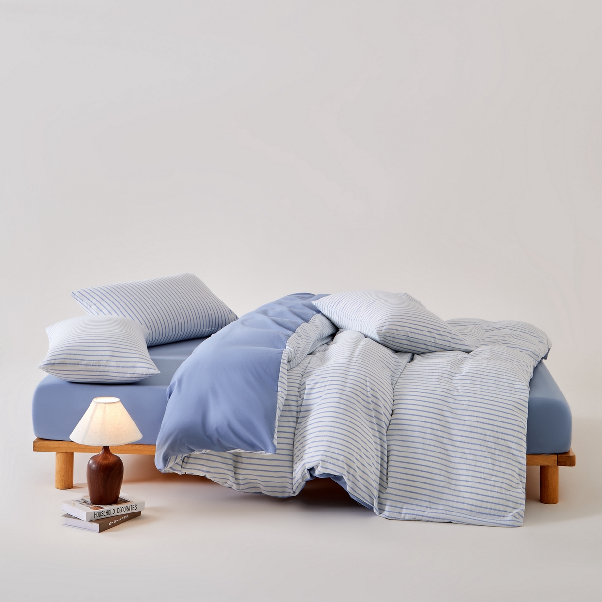 91家纺网 家纺一手货源 找家纺 九沐良品 2025新款全棉色织水洗棉无印风四件套 青春海蓝