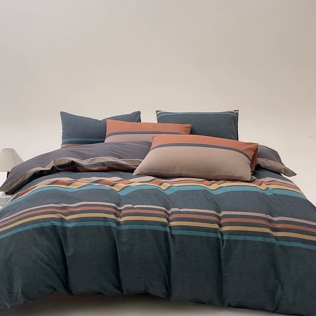 91家纺网 家纺一手货源 找家纺 九沐良品 2025新款全棉色织水洗棉无印风四件套 希尔威亚蓝