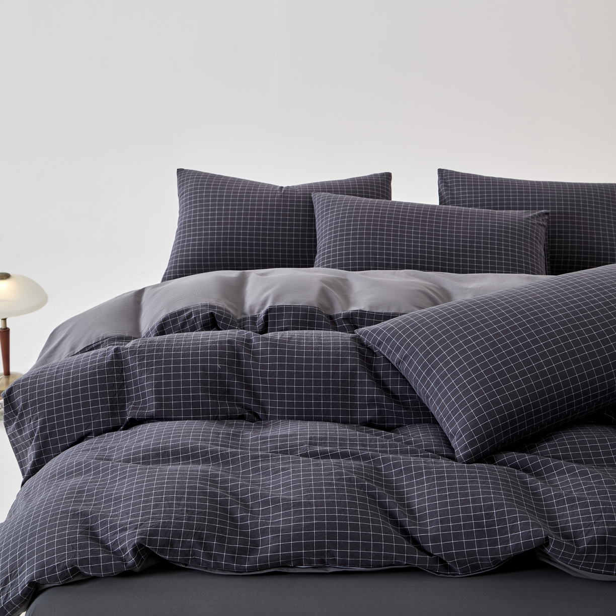 91家纺网 家纺一手货源 找家纺 九沐良品 2025新款全棉色织水洗棉无印风四件套 新灰格