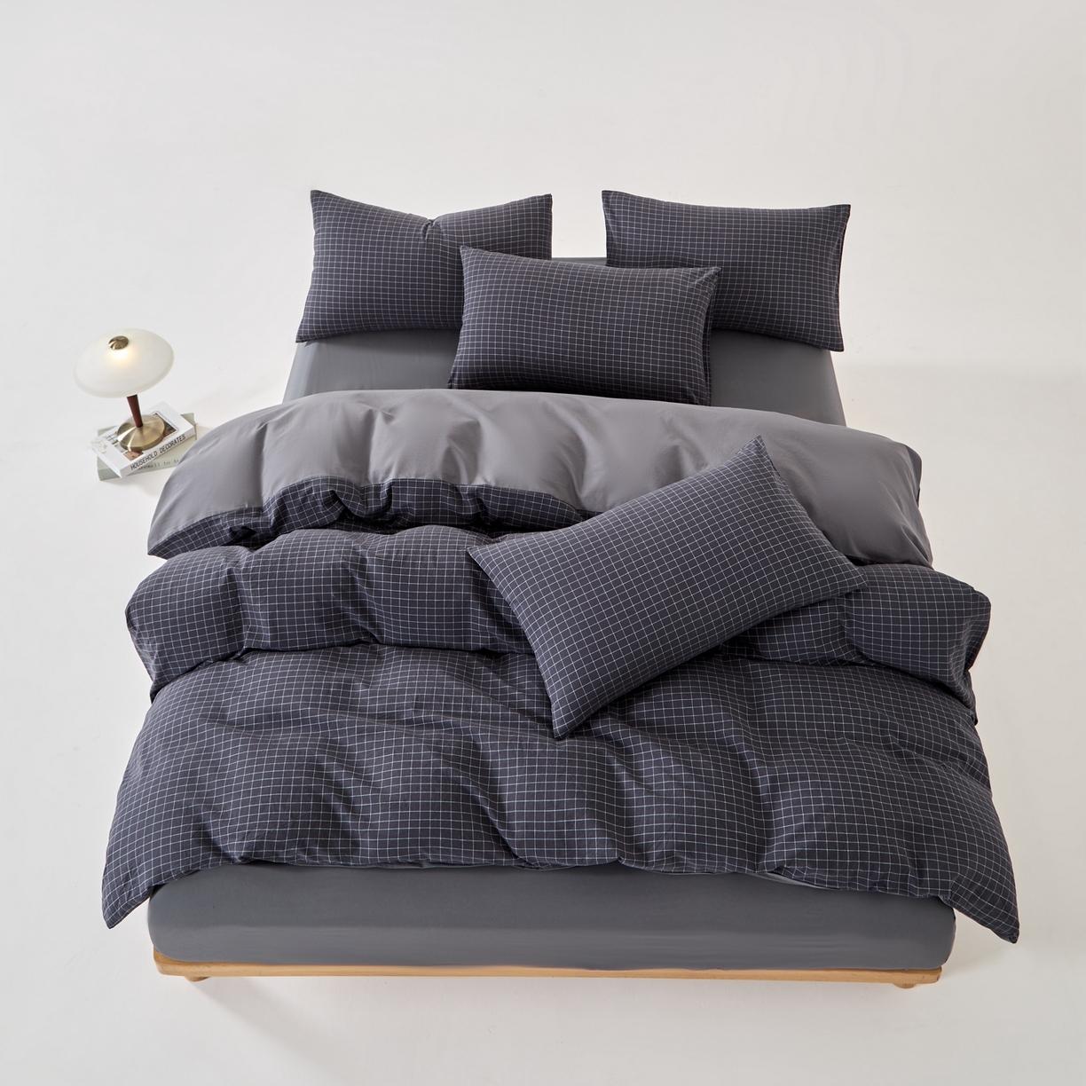 91家纺网 家纺一手货源 找家纺 九沐良品 2025新款全棉色织水洗棉无印风四件套 新灰格