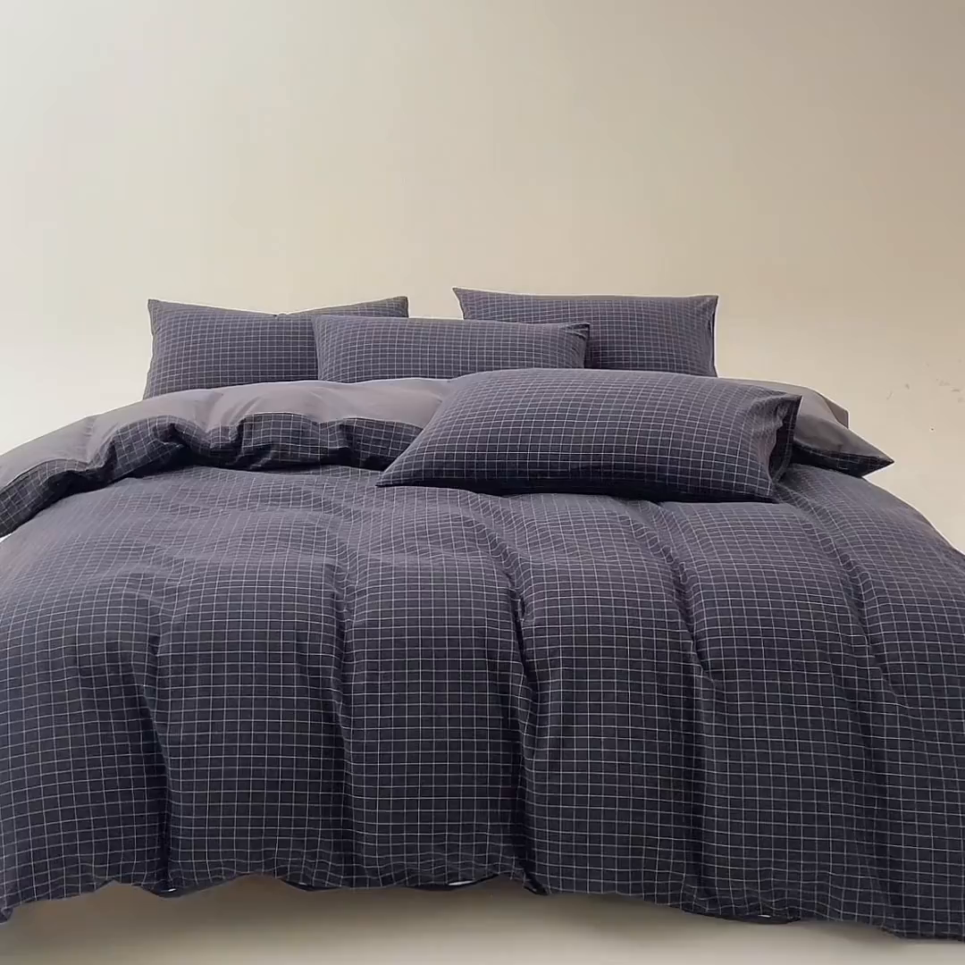 91家纺网 家纺一手货源 找家纺 九沐良品 2025新款全棉色织水洗棉无印风四件套 新灰格