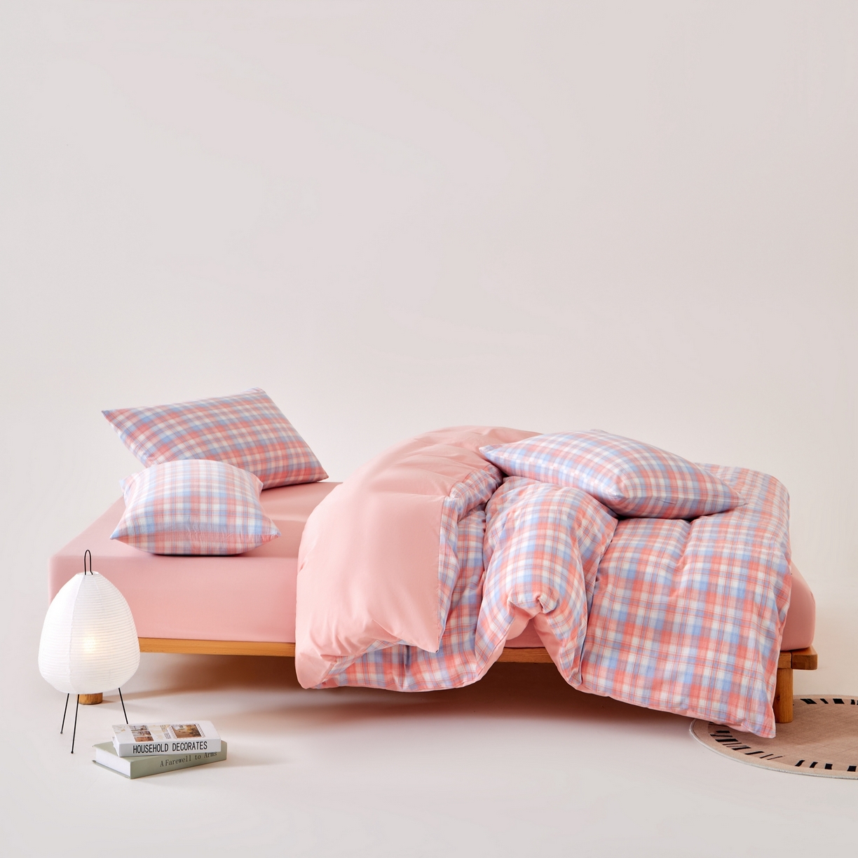 91家纺网 家纺一手货源 找家纺 九沐良品 2025新款全棉色织水洗棉无印风四件套 星空粉