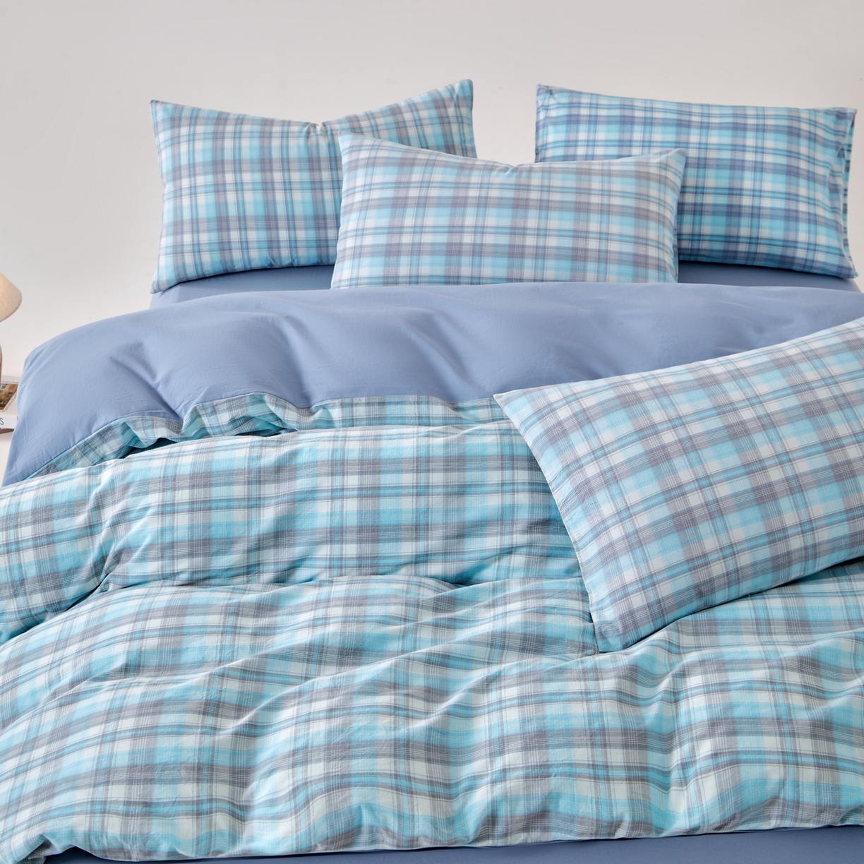 91家纺网 家纺一手货源 找家纺 九沐良品 2025新款全棉色织水洗棉无印风四件套 星空绿