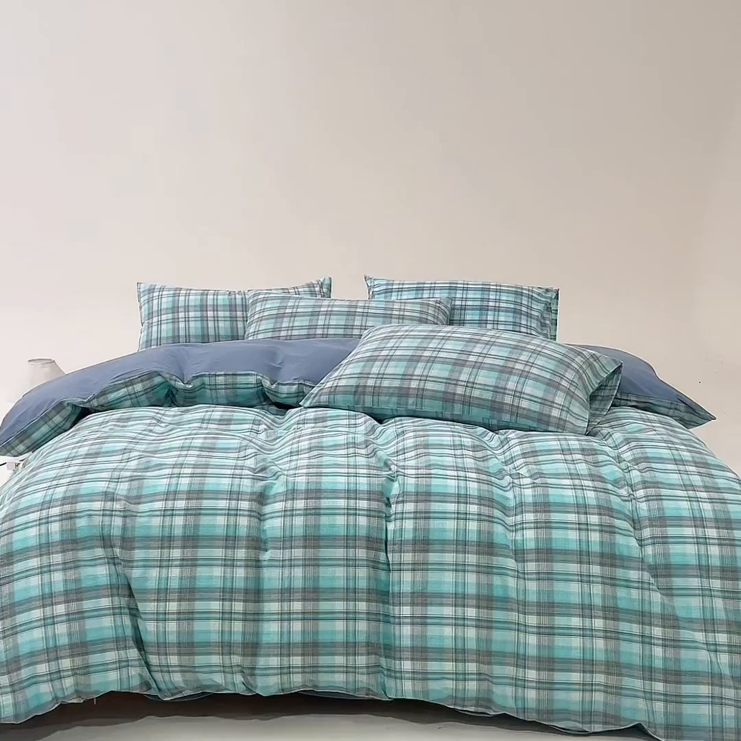 91家纺网 家纺一手货源 找家纺 九沐良品 2025新款全棉色织水洗棉无印风四件套 星空绿