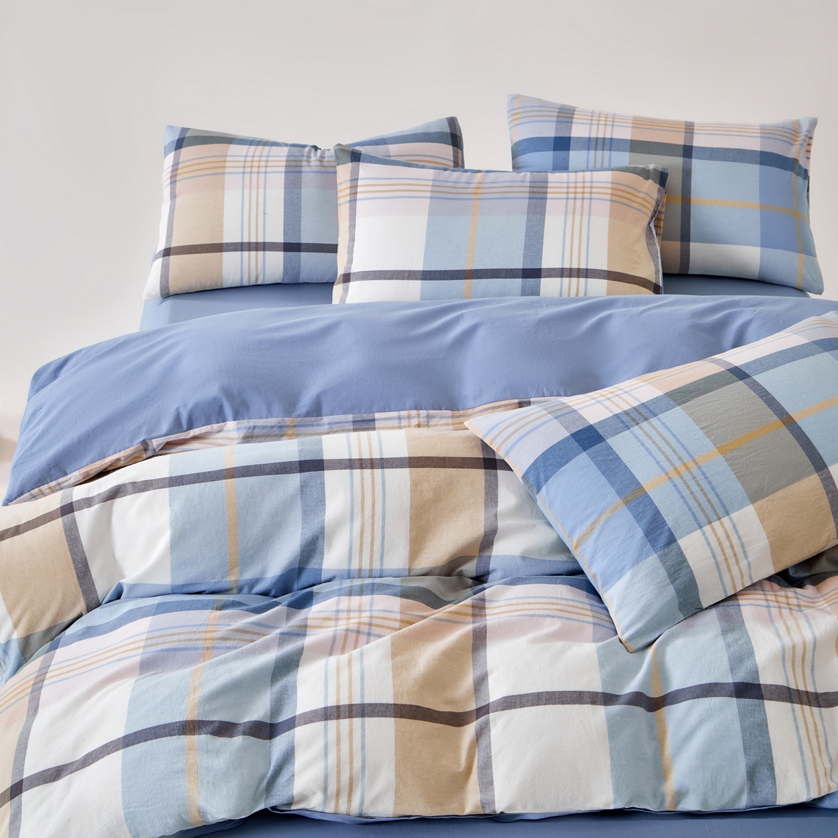 91家纺网 家纺一手货源 找家纺 九沐良品 2025新款全棉色织水洗棉无印风四件套 英伦格