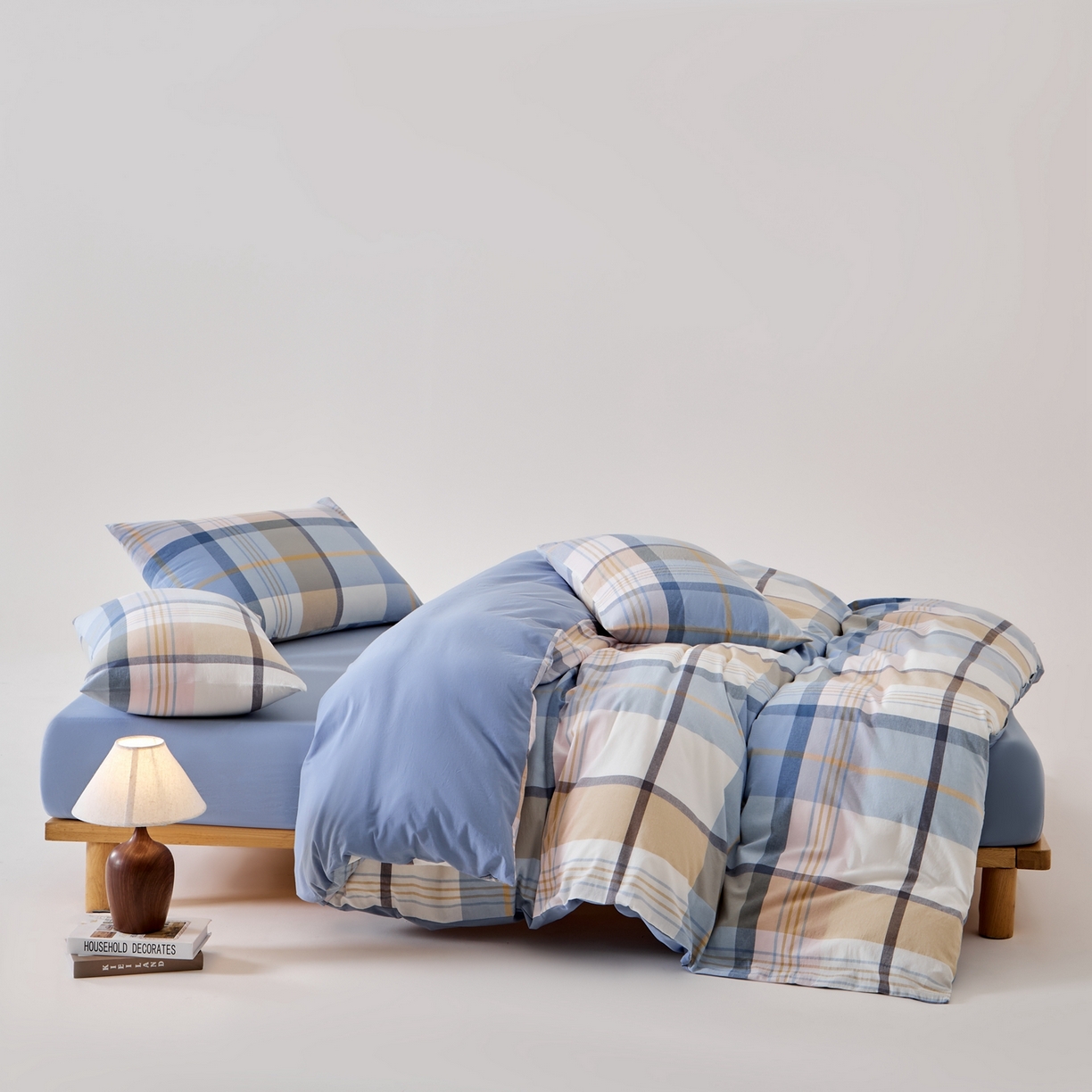 91家纺网 家纺一手货源 找家纺 九沐良品 2025新款全棉色织水洗棉无印风四件套 英伦格