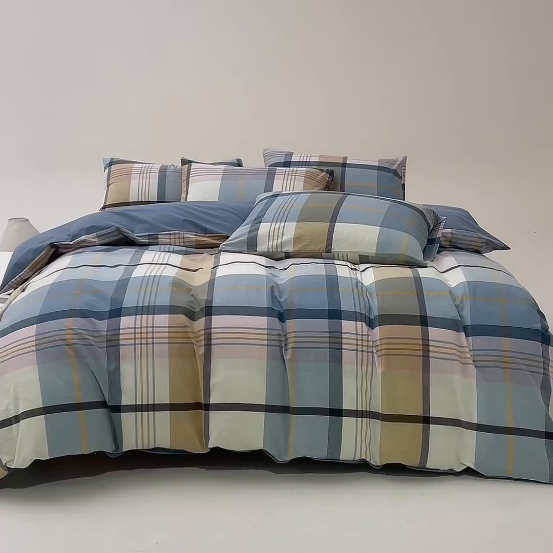 91家纺网 家纺一手货源 找家纺 九沐良品 2025新款全棉色织水洗棉无印风四件套 英伦格