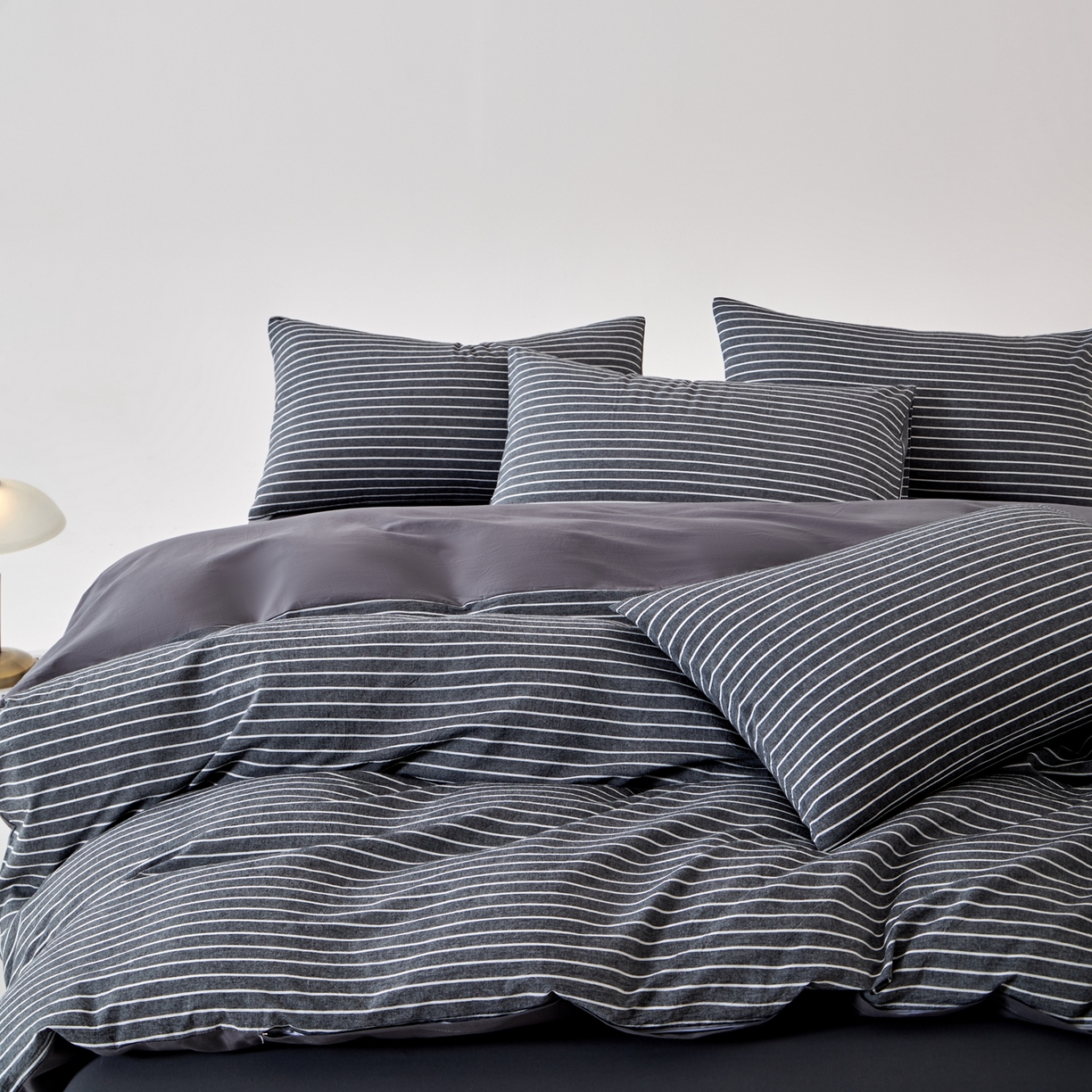 91家纺网 家纺一手货源 找家纺 九沐良品 2025新款全棉色织水洗棉无印风四件套 中灰条