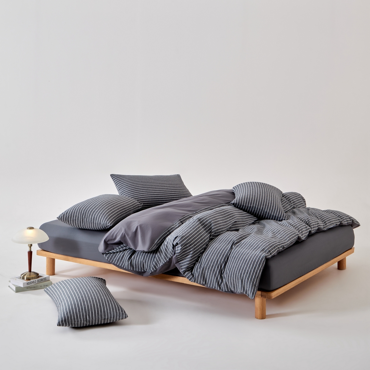 91家纺网 家纺一手货源 找家纺 九沐良品 2025新款全棉色织水洗棉无印风四件套 中灰条