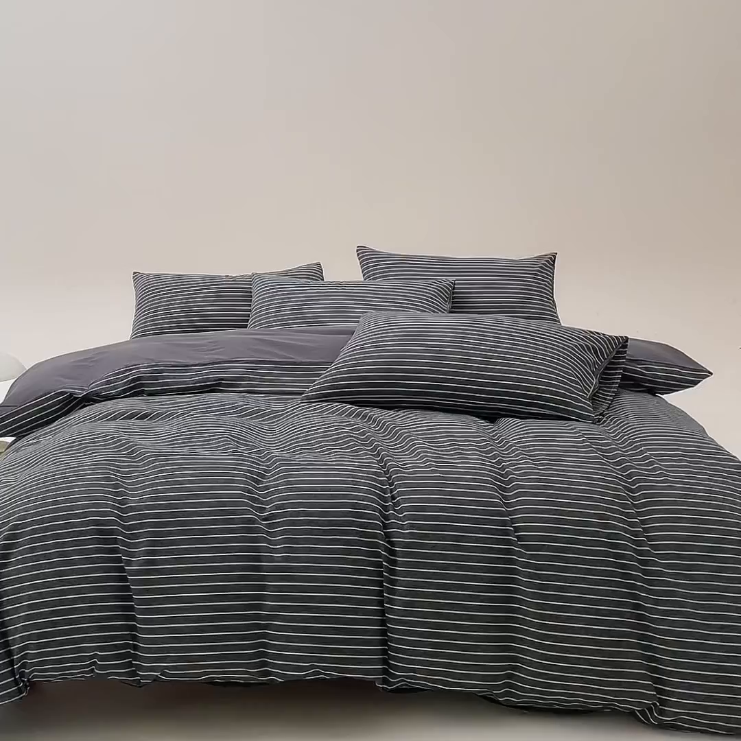 91家纺网 家纺一手货源 找家纺 九沐良品 2025新款全棉色织水洗棉无印风四件套 中灰条