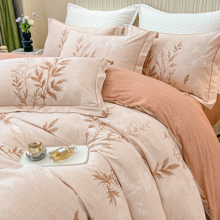 91家纺网 家纺一手货源 找家纺 凌鼎 2025新款100%全棉磨毛四件套数码印花加厚纯棉磨毛四件套 叶初开-咖