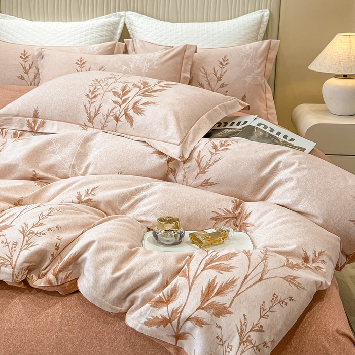 91家纺网 家纺一手货源 找家纺 凌鼎 2025新款100%全棉磨毛四件套数码印花加厚纯棉磨毛四件套 叶初开-咖